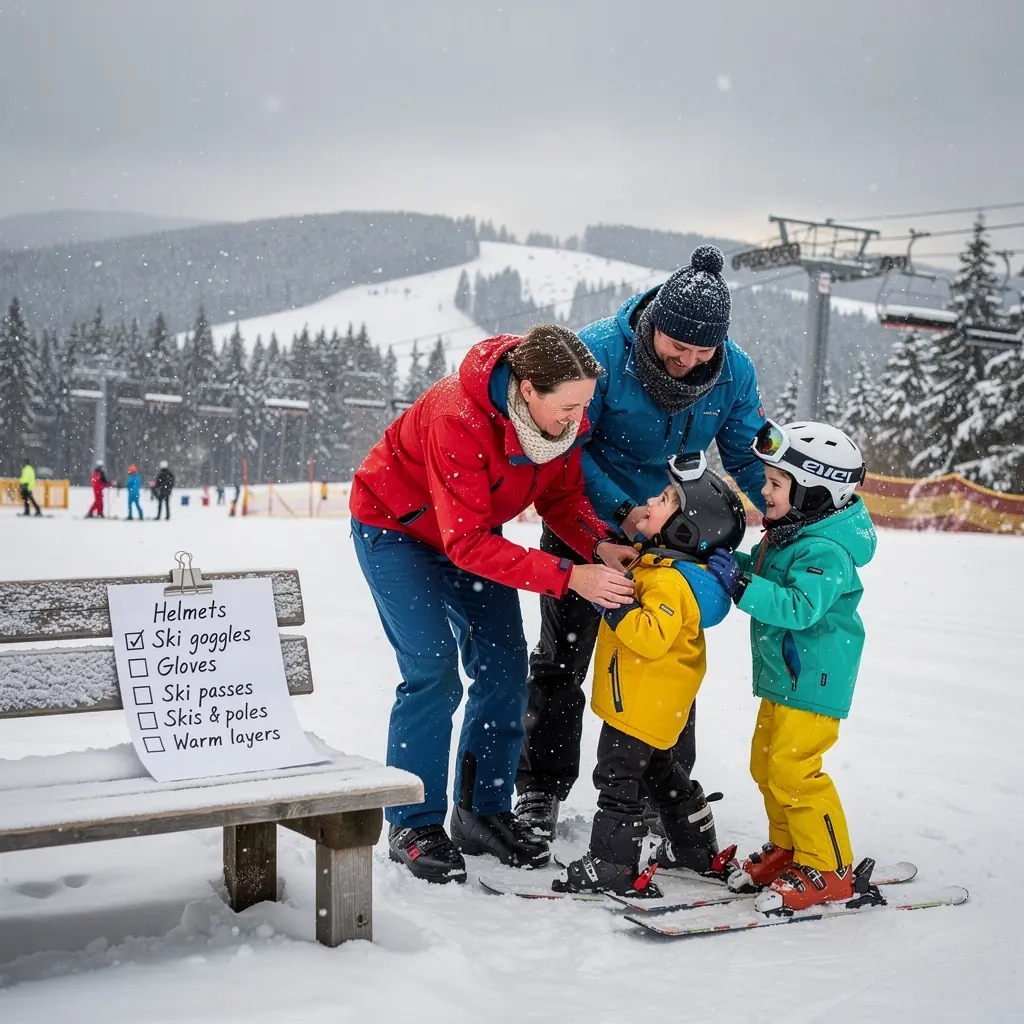 Rodina na výletě v Národním parku Šumava, obklopená nádhernou přírodou a horskými jehličnany.