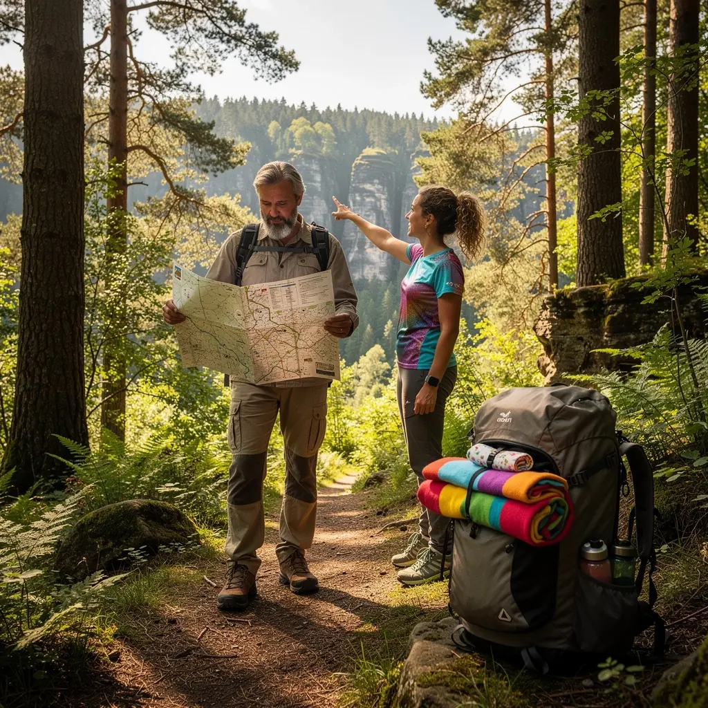 Základní vybavení na výlet, včetně batohu, vody a mapy, rozložené na piknikovém dece v přírodě.